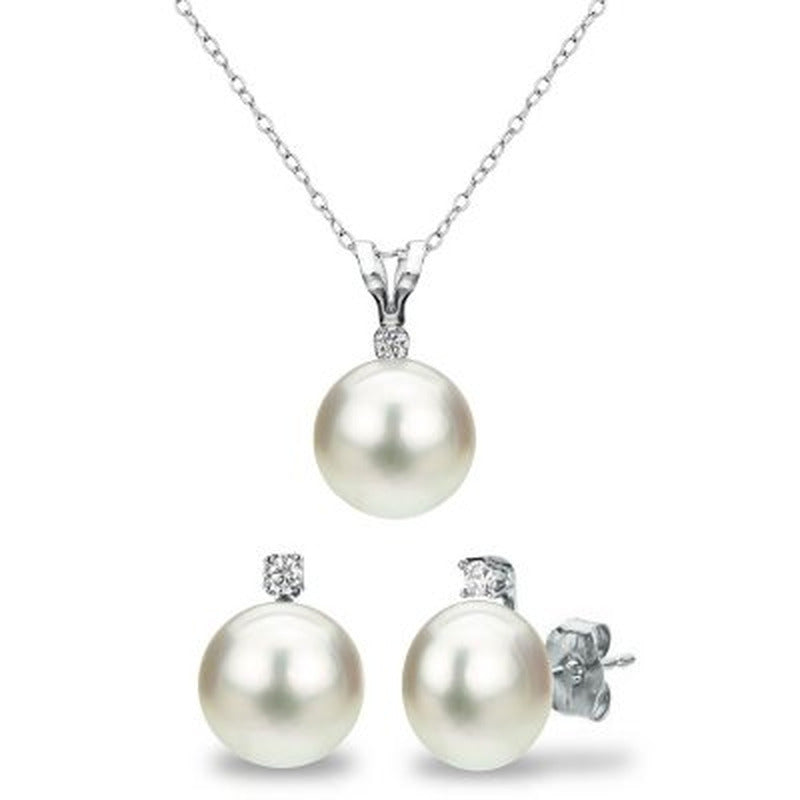 7-7.5MM Freshwater Pearl and Diamond Pendant and Ear Set