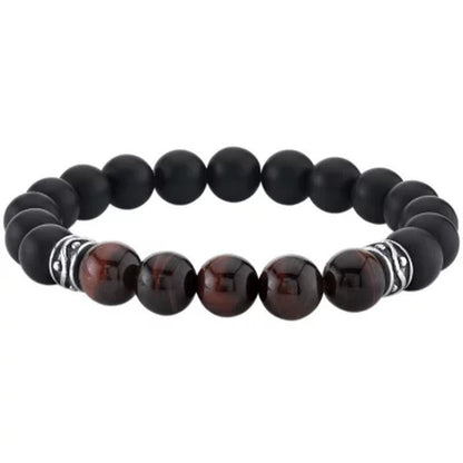 Spartan Sterling Silver and Red Tiger Eye with Black Agate Gents Bead Bracelet