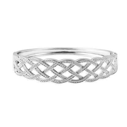 Diamond Silver Tone Weaved Bangle Cuff Bracelet 7" Ct 0.02 H-I I3"