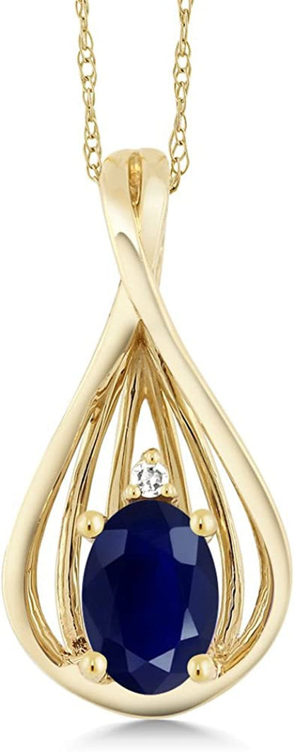 10K Yellow Gold Blue Sapphire and Diamond Teardrop Pendant Necklace for Women (0