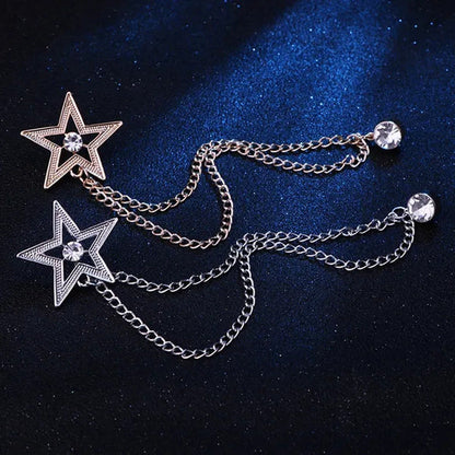 New Crystal Pentagram Brooch Pin Fashion Tassel Chains Suit Shirt Badge Collar L