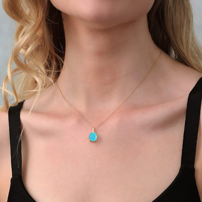10K Yellow Gold Green Turquoise and White Diamond Pendant Necklace for Women (3.