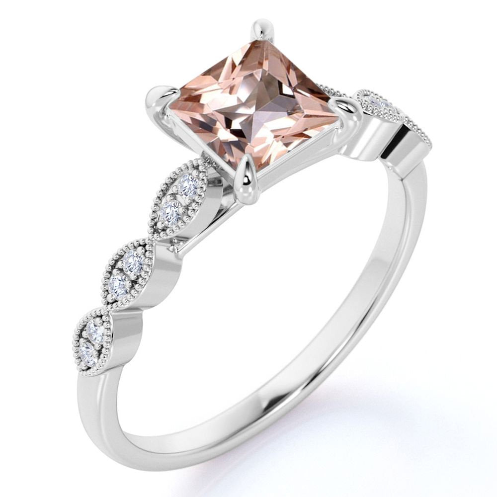 Beautiful 1.25 Carat Princess Cut Created Morganite and Diamond Engagement Ring