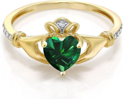 10K Yellow Gold Green Simulated Emerald and Diamond Accent Irish Celtic Claddagh
