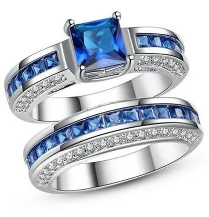 2Pcs Set Princess 925 Sterling Silver White Sapphire & Diamond Wedding Ring
