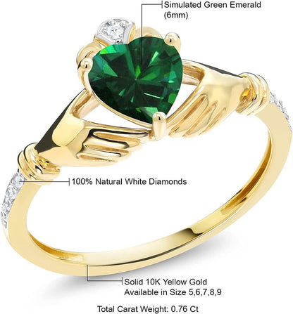10K Yellow Gold Green Simulated Emerald and Diamond Accent Irish Celtic Claddagh