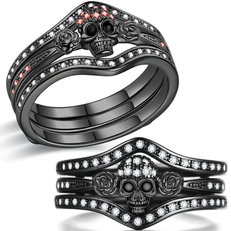 Skull Roses Ring Set Zircon Crystal Black Fashion Wedding Jewelry Gift Rings