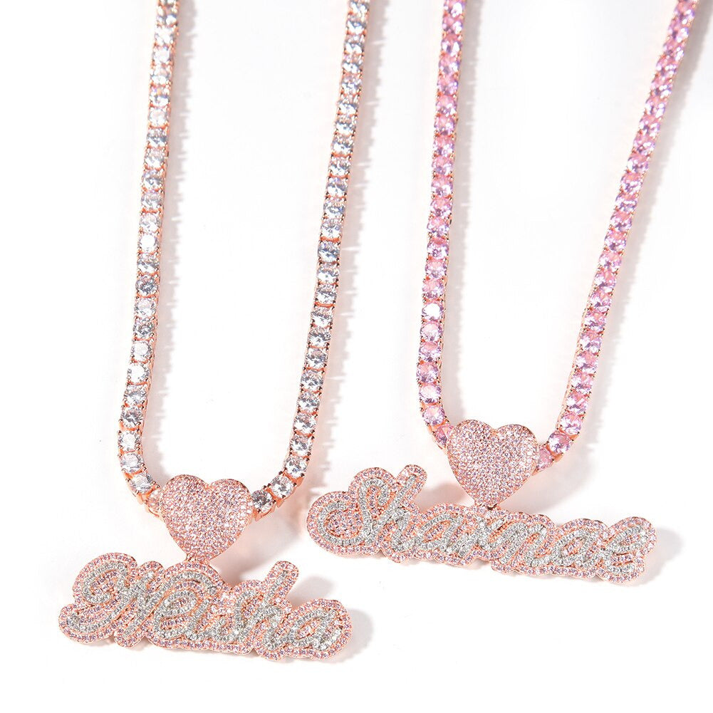 Custom Name Necklace Bubble Letter Heart Buckle Iced Out White Pink CZ Pendant