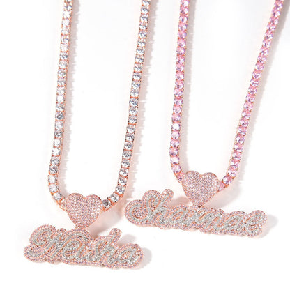 Custom Name Necklace Bubble Letter Heart Buckle Iced Out White Pink CZ Pendant