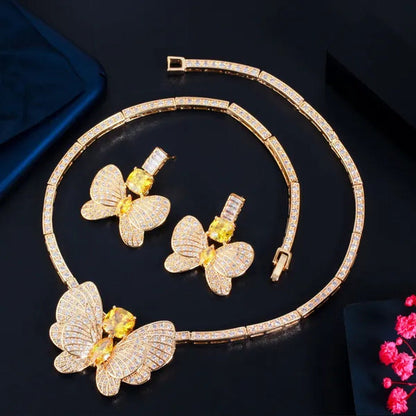 CANDICE Statement Citrine Butterfly Design Pendant Ears Choker Necklace Micro CZ