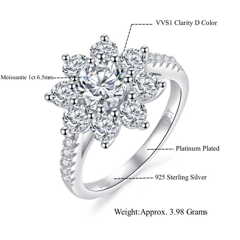Sun Flower 1 Carat 6.5Mm Real Moissanite Diamond Lotus Rings Women Fancy