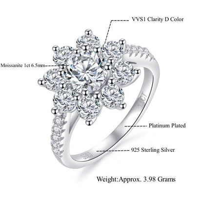 Sun Flower 1 Carat 6.5Mm Real Moissanite Diamond Lotus Rings Women Fancy
