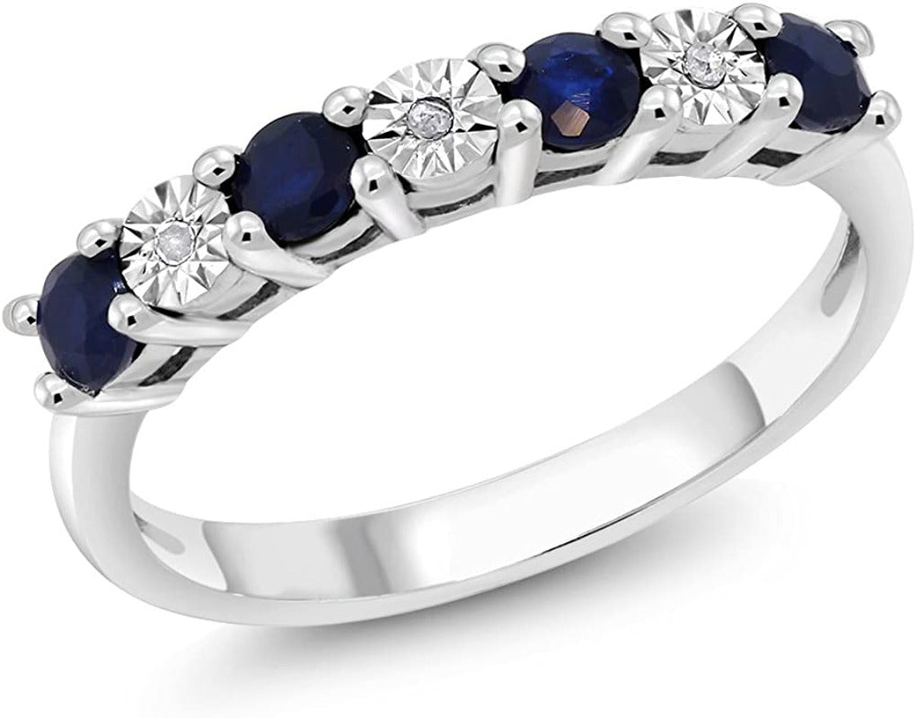 925 Sterling Silver round Diffused Blue Sapphire and White Diamond Women'S Engag