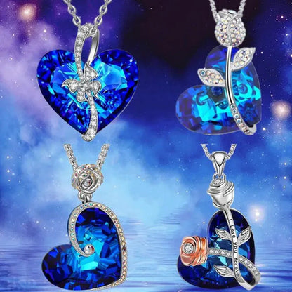 Fashion Heart Blue Crystal Necklace Double Layer Rose Zircon Pendant Engagement