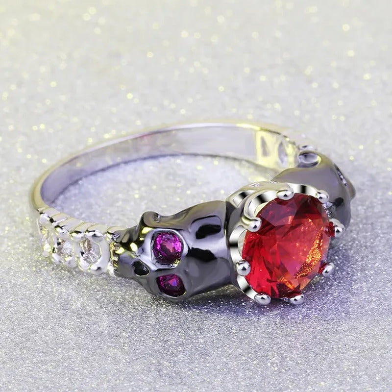 Punk Rose Red CZ Black Skull Head 925 Sterling Silver Ring for Women Girl Size 5