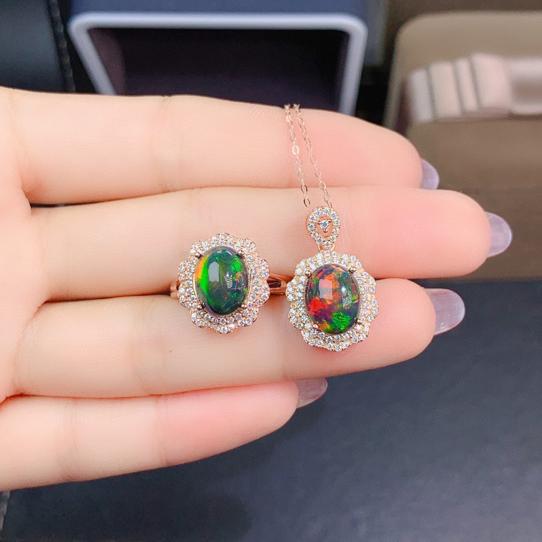 Natural Colorful Black Opal Set Ring Pendant Crystal Clean Color