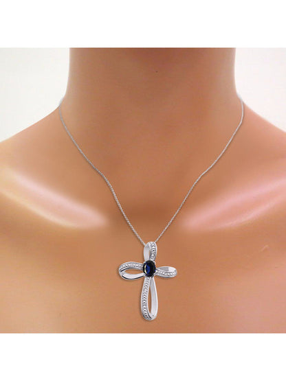 Diamond & Sapphire Cross Pendant Necklace Set in Set in 14K White Gold with 18"