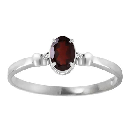14K Solid White Gold Ring with Natural Diamonds and Oval-Shaped Garnet