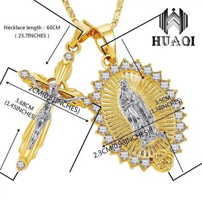 New Fashion18K Gold Plated Setting CZ Diamond Virgin Mary Necklace + Cross Neckl