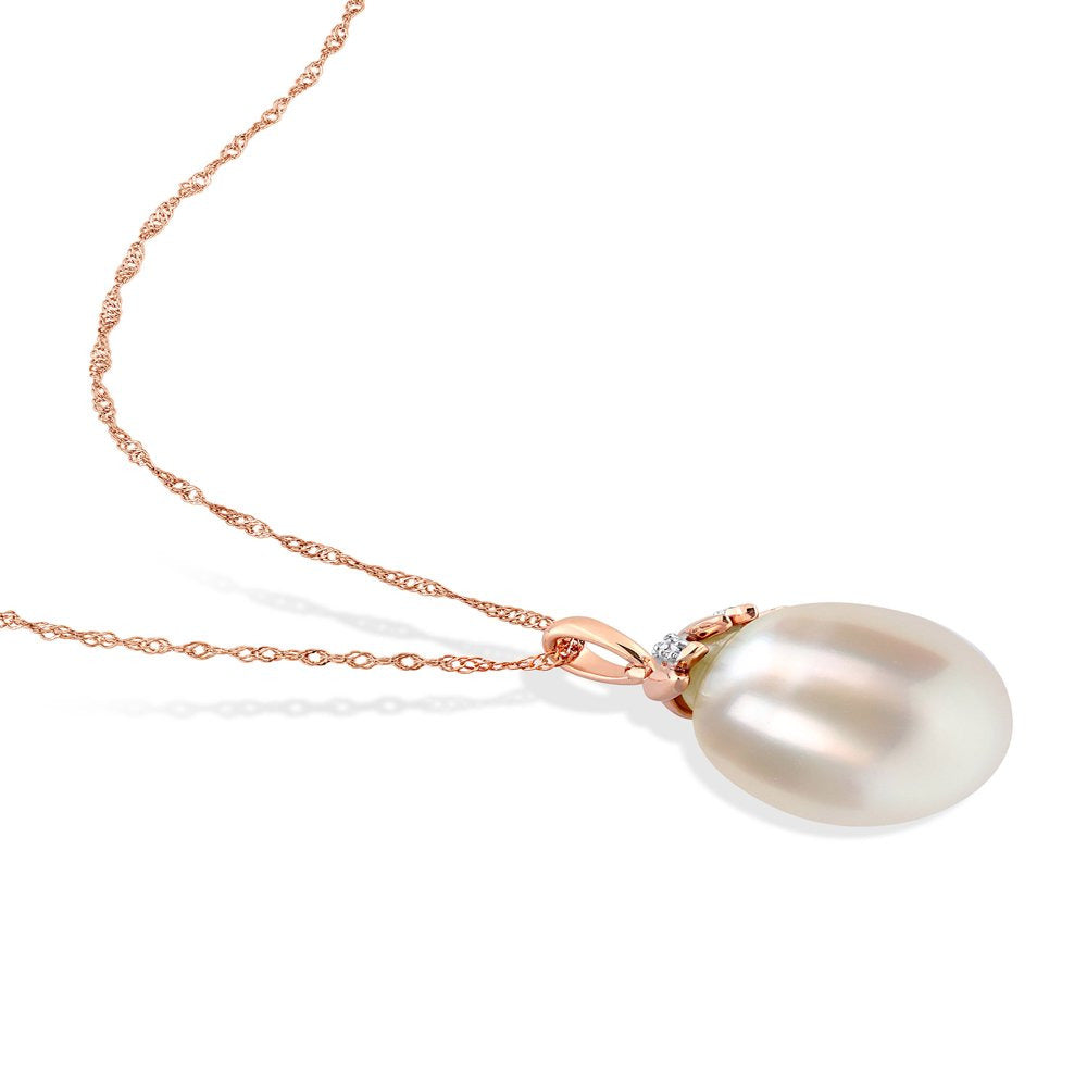 9-10Mm Drop South Sea Cultured Freshwater Pearl and Diamond Accent 14Kt Rose Gol