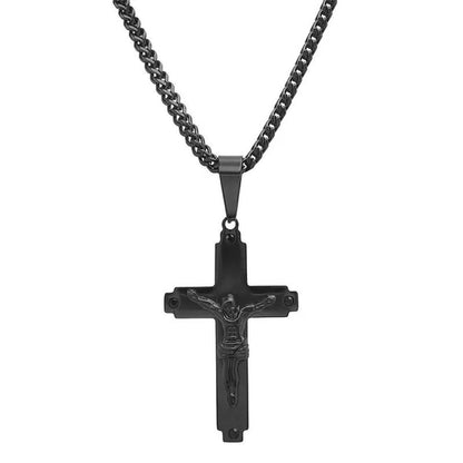 Men'S Black IP Stainless Steel Cross with Simulated Black Diamonds Pendant