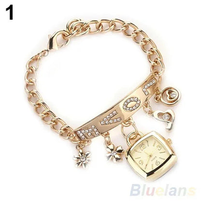 Women'S Flower Heart Love Style Rhinestone Stainless Steel Chain Bracelet Wrist
