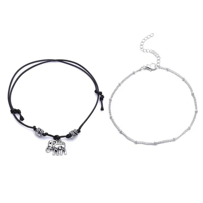 Vintage Elephant Beaded Anklet Handmade Black Rope Chain Ankle Bracelet for Wome