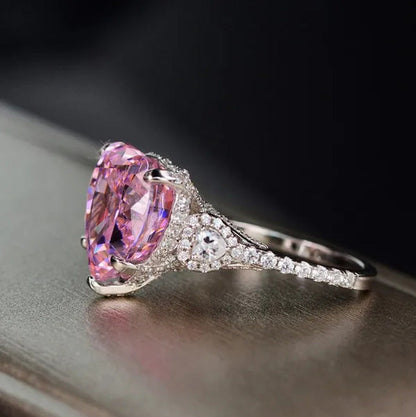 Luxury Silver Plated Simulated Pink Heart-Shaped Lab Diamond Engagement Ring wit