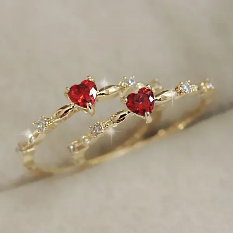 Bridal Wedding Thin Rings for Women Gold Lab Diamond Ruby Heart Rings Romantic E