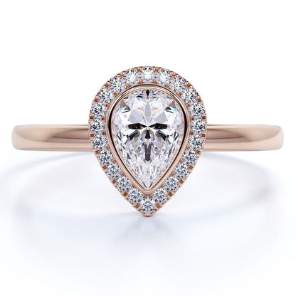 Bezel Set Halo Pear Shaped Diamond Solitaire Wedding Ring in 10K Rose Gold