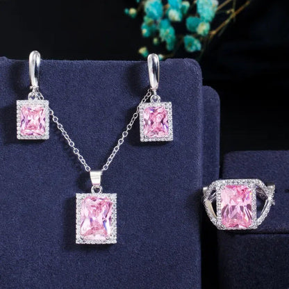 Gloriya Elegant Amethyst Purple CZ Square Pendant Chain Necklace Earrings and Ri