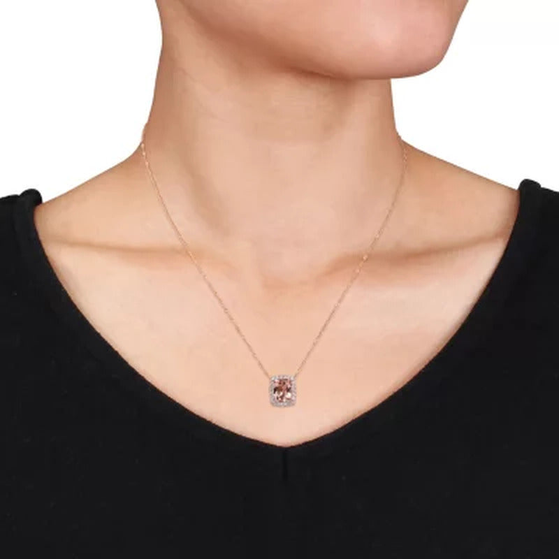 Morganite and 0.22 CT. T.W. Diamond Halo Pendant in 14K Rose Gold