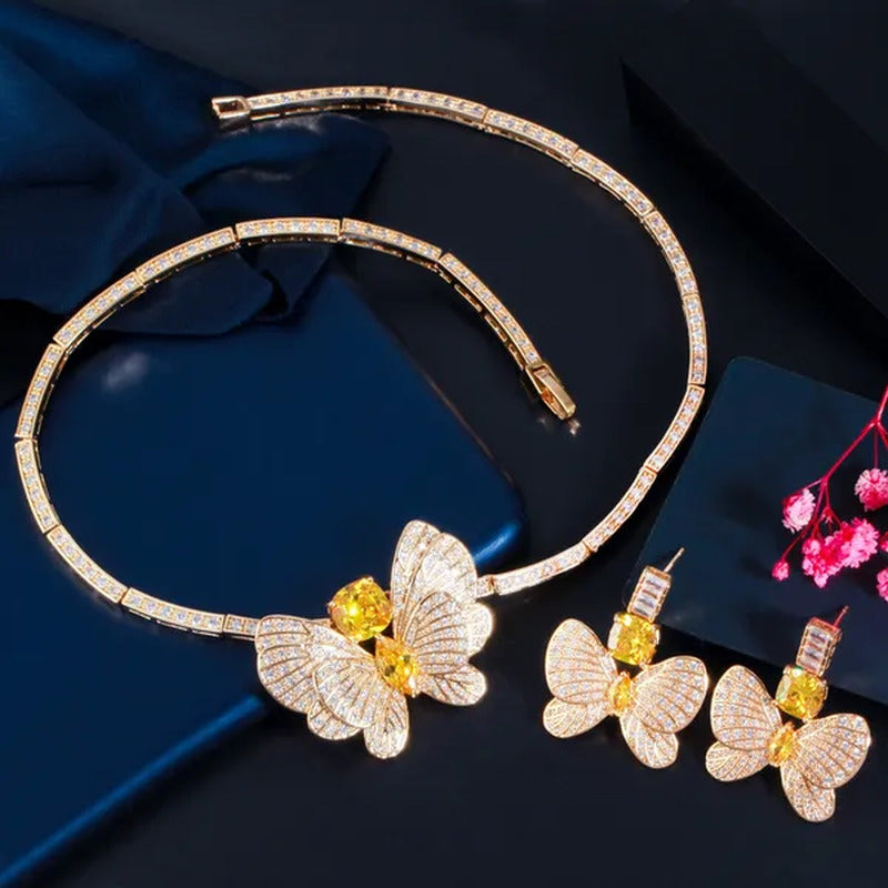 CANDICE Statement Citrine Butterfly Design Pendant Ears Choker Necklace Micro CZ