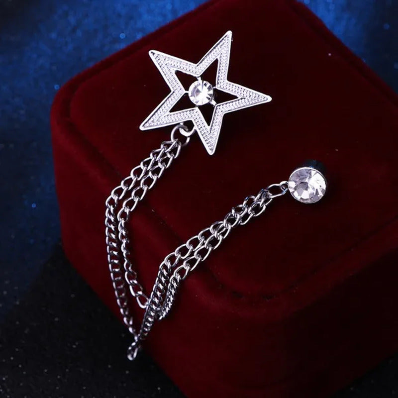 New Crystal Pentagram Brooch Pin Fashion Tassel Chains Suit Shirt Badge Collar L