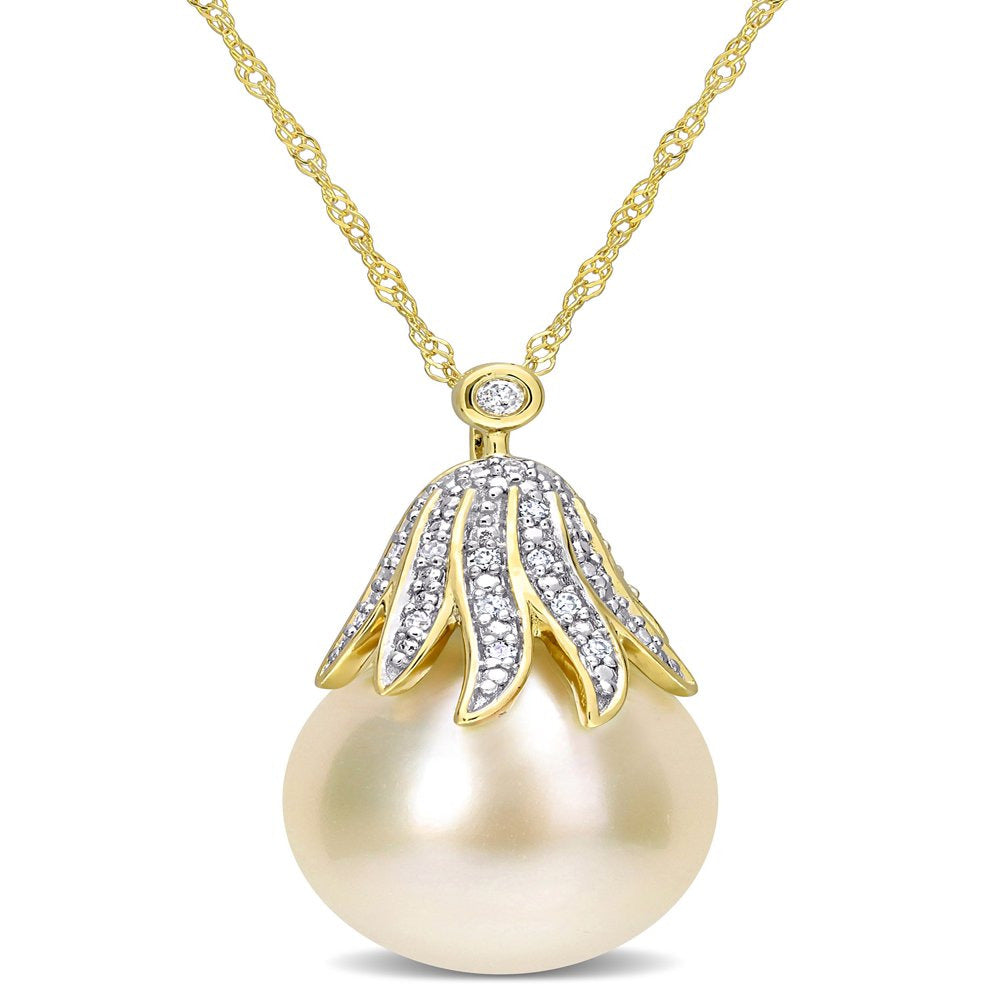 10-11Mm South Sea Cultured Freshwater Pearl and Diamond Accent 14Kt Yellow Gold
