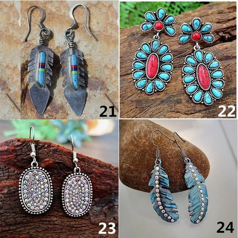 1 Pair Antique 925 Sterling Silver Pendant Earrings Natural Gemstone Inlay Dangl