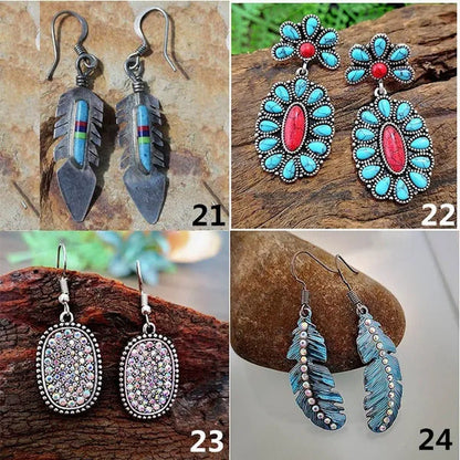 1 Pair Antique 925 Sterling Silver Pendant Earrings Natural Gemstone Inlay Dangl