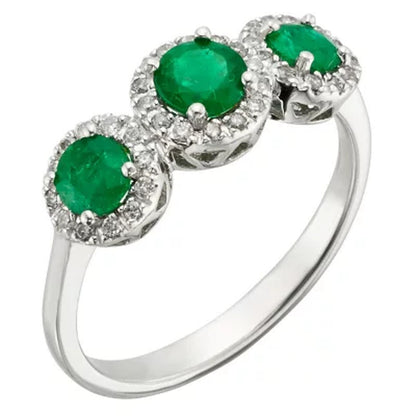 3 Stone Genuine Emerald and 0.19 CT. T.W. Diamond Ring in 14K Gold