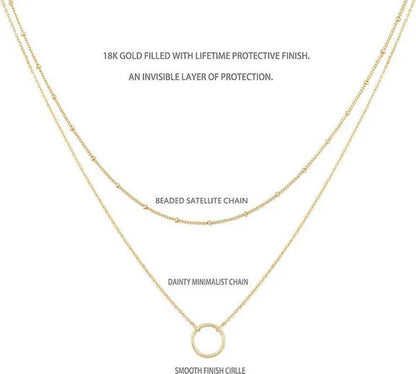Layered Necklace Pendant Handcrafted 18K Gold Plated Delicate Circle Gold Neckla