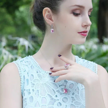 Gloriya Elegant Amethyst Purple CZ Square Pendant Chain Necklace Earrings and Ri
