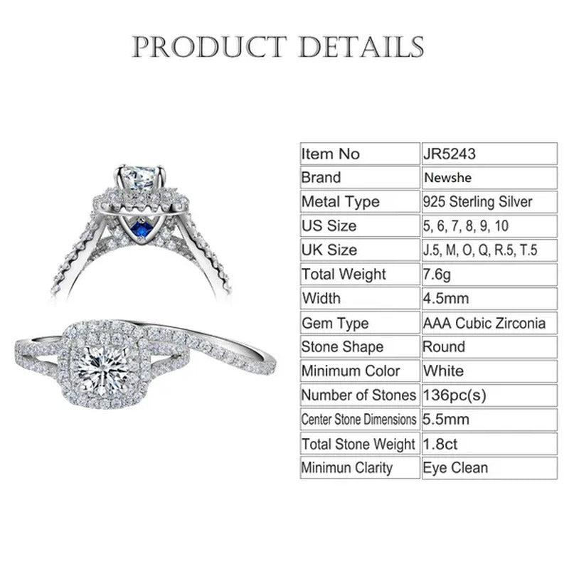 Newshe 2Pcs Wedding Ring Set Solid 925 Sterling Silver AAAAA CZ Simulate Diamond