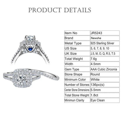 Newshe 2Pcs Wedding Ring Set Solid 925 Sterling Silver AAAAA CZ Simulate Diamond