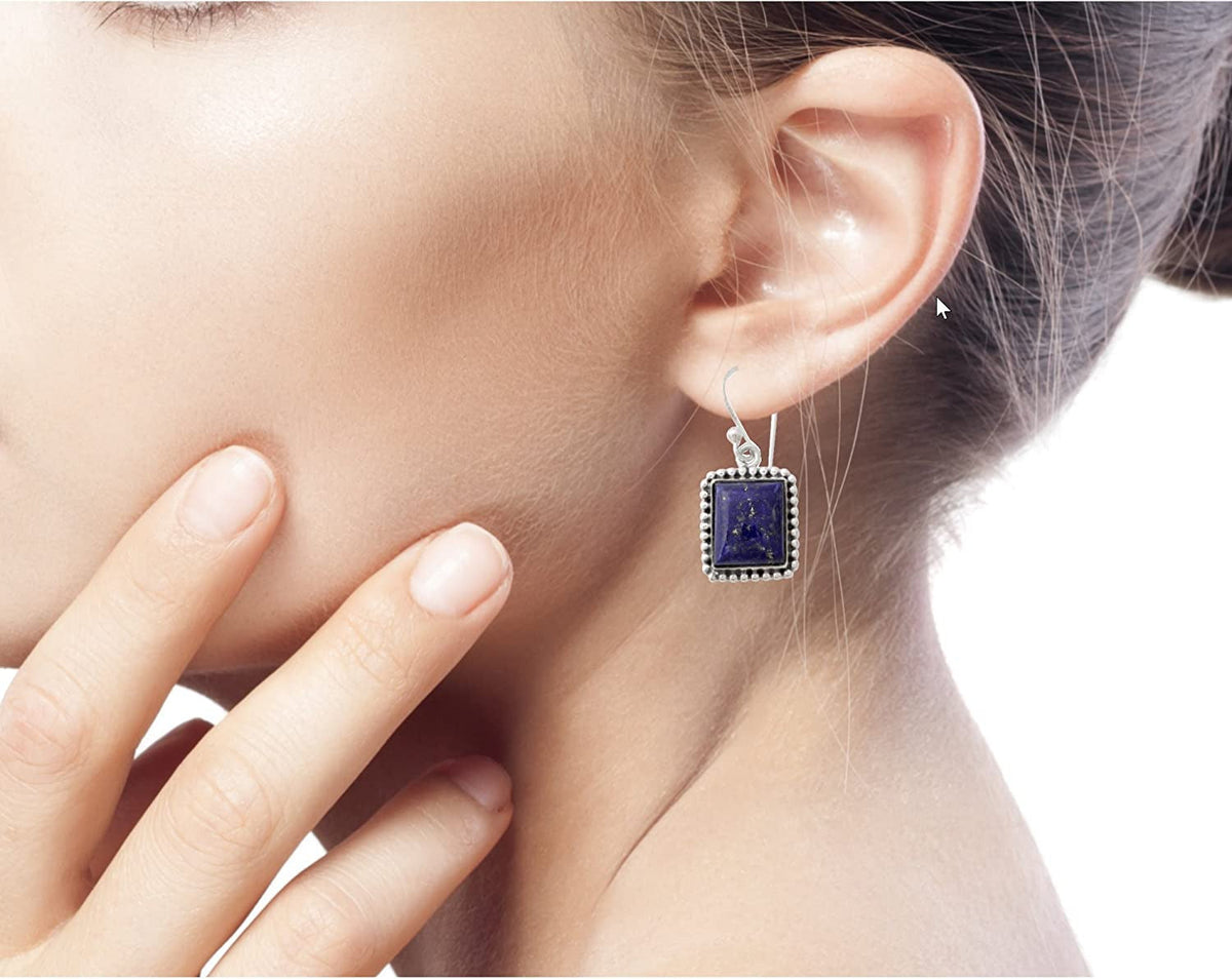 Lapis Lazuli .925 Sterling Silver Rectangular Dangle Earrings 'Good Will Spirit'