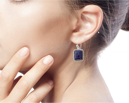 Lapis Lazuli .925 Sterling Silver Rectangular Dangle Earrings 'Good Will Spirit'