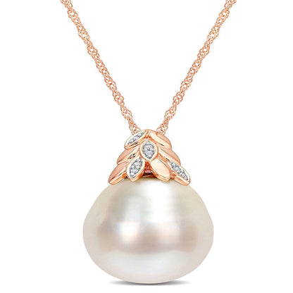 14-14.5Mm South Sea Cultured Freshwater Pearl and Diamond Accent 14Kt Rose Gold