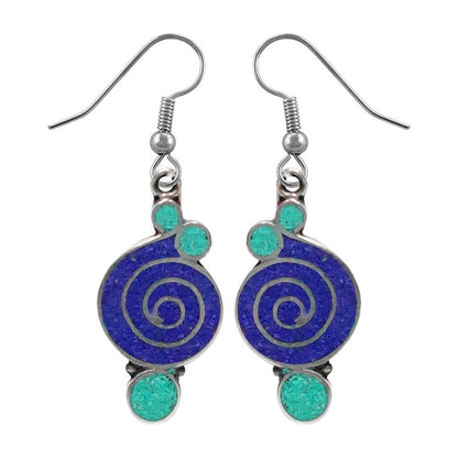 Beautiful Handmade Compressed Blue Lapis Lazuli & Coral Gemstone Inlay Drop Earr