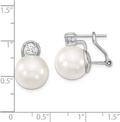 Sterling Silver White Imitation Shell Pearl Cubic Zirconia Omega Back Earrings (