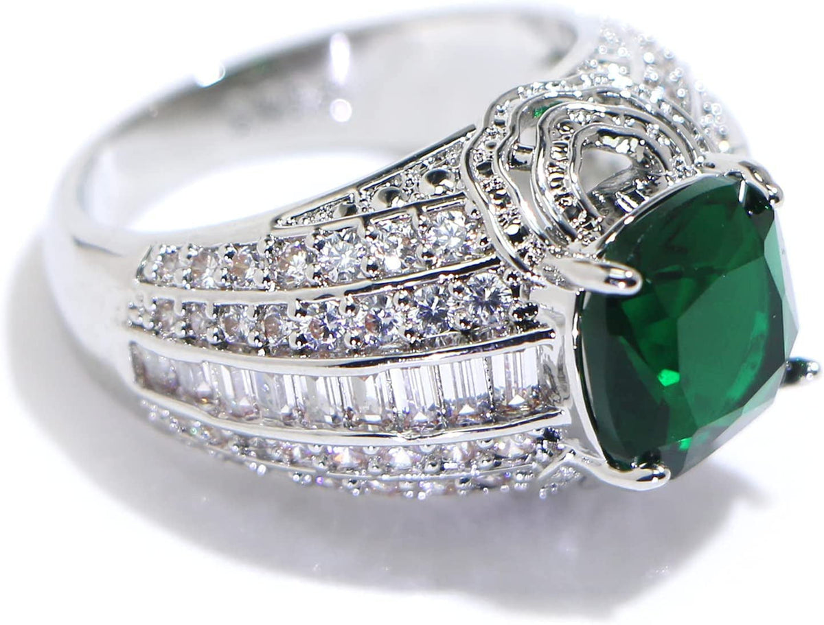 925 Sterling Silver Shiny Full Diamond Emerald Ring Cubic Zirconia Rings Gemston