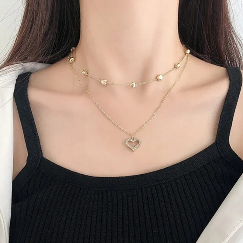 Ladies Necklace Fashion High-End Double Heart Diamond Chain