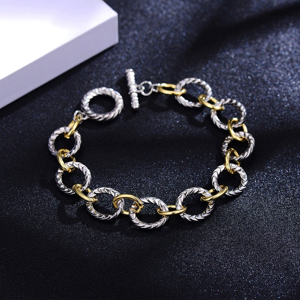 Link Bracelet Two Tone Circles Chain Silver and Gold Wire Cable Bangle Designer